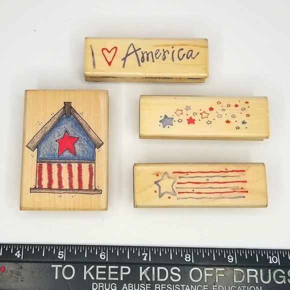 Image Tree Patriotic Americana Wooden Rubber Stamp Set- Stars Flag I <3 America - Picture 2 of 6